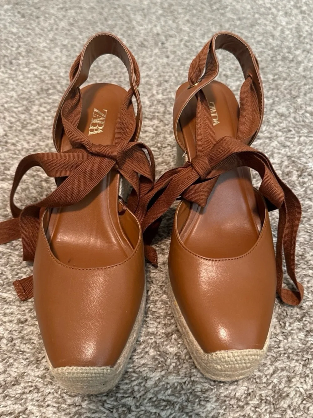 Zara Tan Leather Espadrille Wedge with Ankle Tie